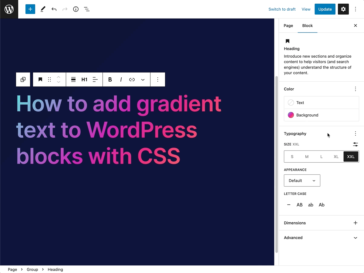 How to add gradient text to WordPress blocks